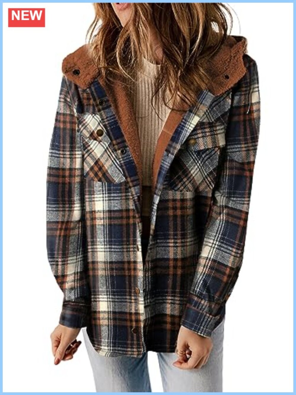 Womens Plaid Shacket Fleece Lined Hooded Jacket Warm Winter Coat
